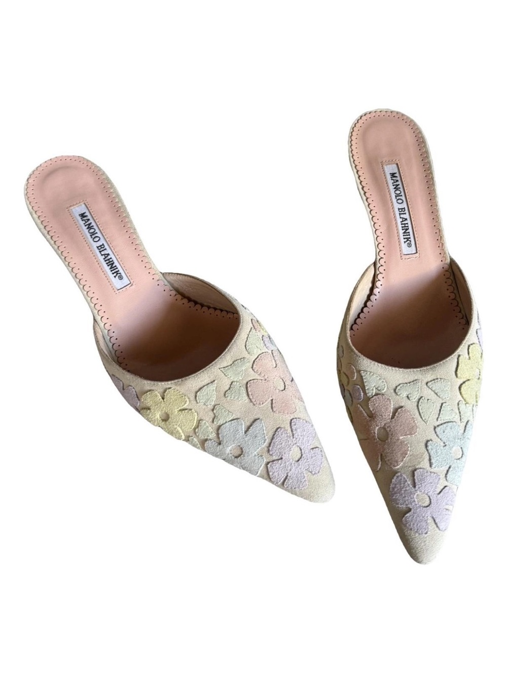 Manolo Blahnik Pastel Multicolor Floral Pointed Mules - Pink Lining